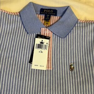 Polo by Ralph Lauren Blue and White Striped Polo with Pink Placket
